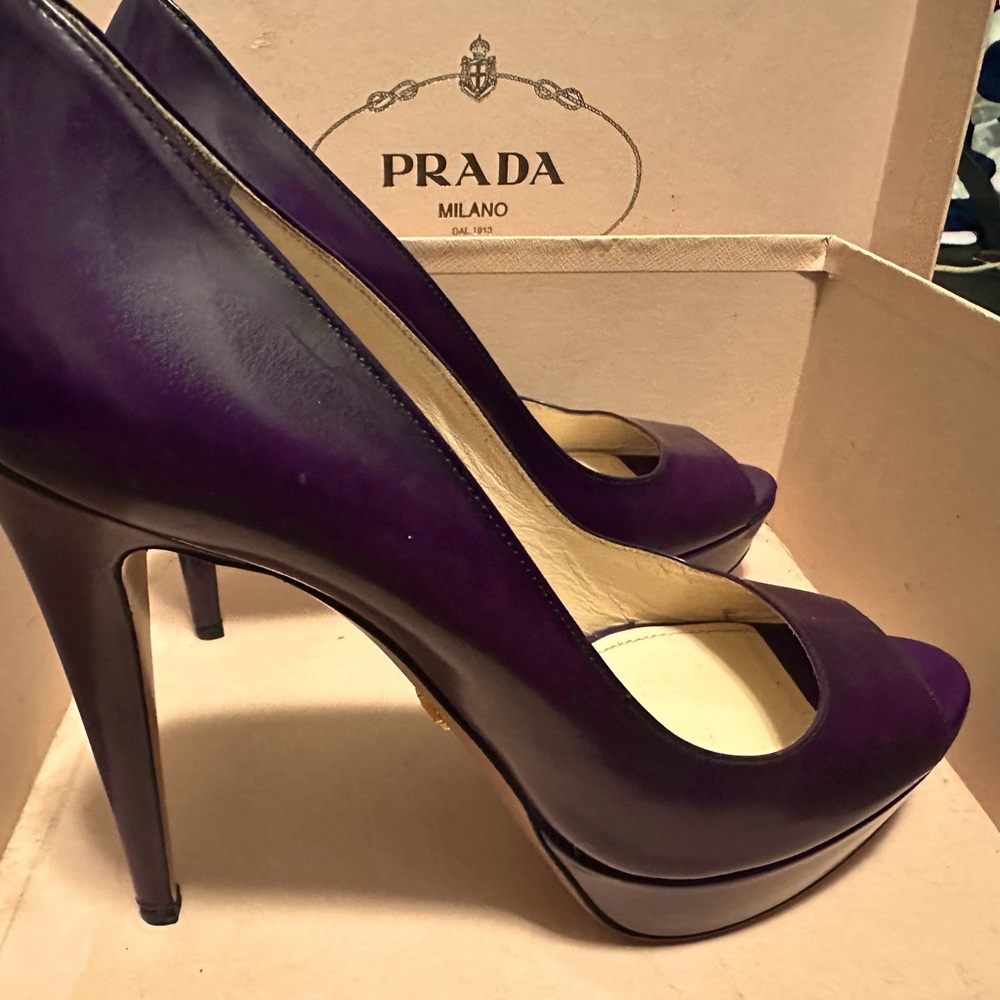 Pre-Loved Prada Peep Toe Pumps - Size 38 US/Color Plum Narrow fit $190